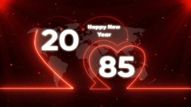 Happy New Year 1985 neon heart with map and futuristic background