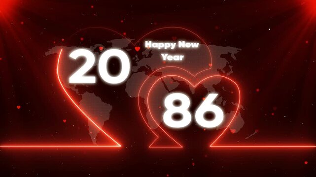 Happy New Year 1986 neon heart global celebration background New Year's Eve