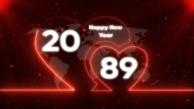 Happy New Year 1989 neon heart with map and red background