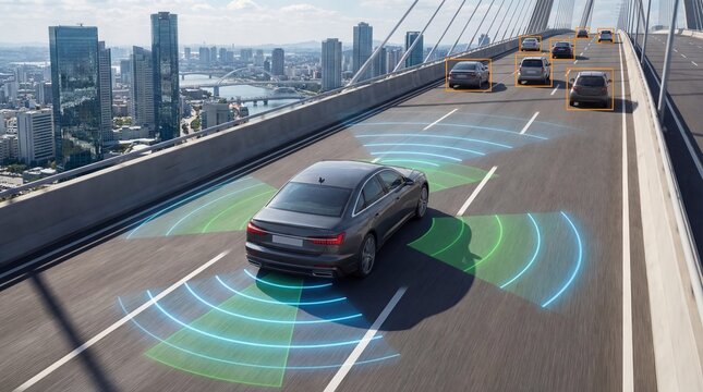 Autonomous Driving Vehicle on Modern City Bridge. Self Driving Technology, Advanced ADAS Systems, Artificial Intelligence Mobility, Smart Traffic Detection, Future Transportation Concept