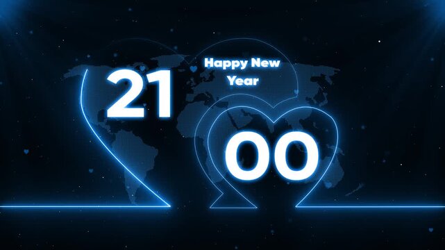 Happy New Year 2100 neon heart shaped global celebration background with futuristic map and stars futuristic background
