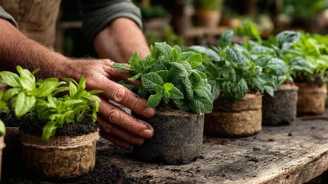 Nurturing Green Dreams: A close-up shot captures hands carefully tending to a row of vibrant herb plants, each nestled in its own pot, a testament to the beauty of cultivation.
