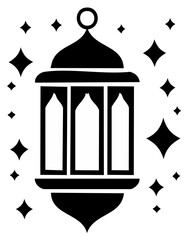 Fototapeta premium Elegant lantern silhouette with shimmering star sparkles, Islamic art vector design.