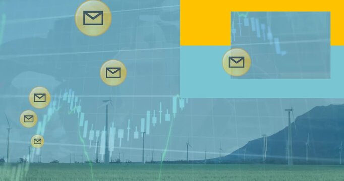 Animation of envelope icons and data processing over wind turbines