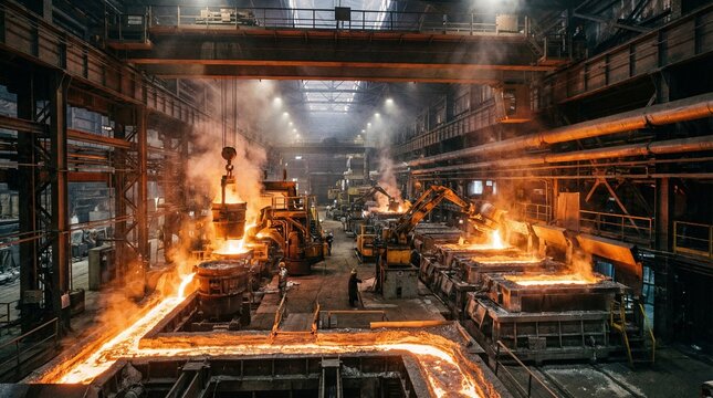 Industrial aluminum smelter operation with molten metal in factory  