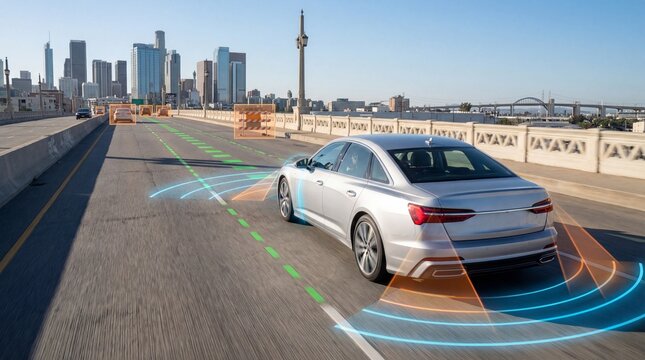 Autonomous Vehicle Sensor Detection on City Bridge Highway. Self Driving Car, Radar and Lidar Systems, ADAS Safety Technology, Smart Mobility Concept