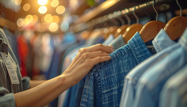 Close-up of a shopper's hand selecting a denim shirt from a hanger in a modern clothing store, capturing the essence of fashion discovery and the retail experience