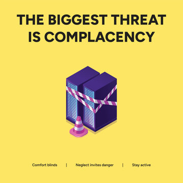 Cybersecurity Threat of Complacency Illustration with Server Racks and Caution Tape for Internal Data Center Risk and Maintenance Awareness Training