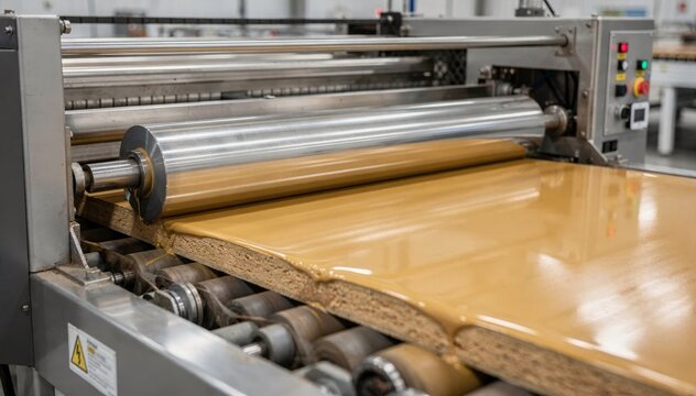 Closeup medium shot of a roll coater spreading adhesive resin onto flat core panels emphasizing consistent layer thickness and automated lamination preparation in a modern
