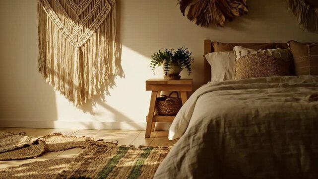 Sunlit room corner with rugs, macrame wall hanging, houseplant