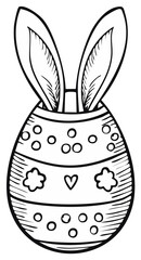 Obraz premium Bunny ears emerging from an egg with flower and heart doodles, spring time, Easter egg monochrome line art.