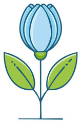Obraz premium Stylized Light Blue Flower Bud with Green Leaves and Stem Cartoon Illustration
