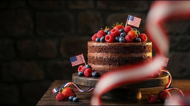 Patriotic chocolate layer cake with fresh berries and American flags on wooden stand for Independence Day celebration