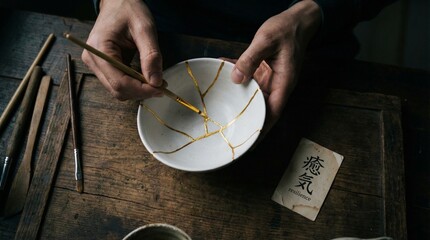 Close up of a craftsman repairing a cracked white ceramic bowl with gold lacquer in traditional...