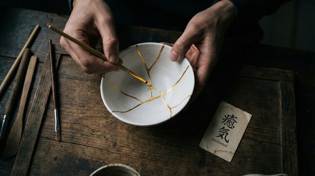 Close up of a craftsman repairing a cracked white ceramic bowl with gold lacquer in traditional kintsugi technique, using delicate tools on a wooden workbench beside a kanji card