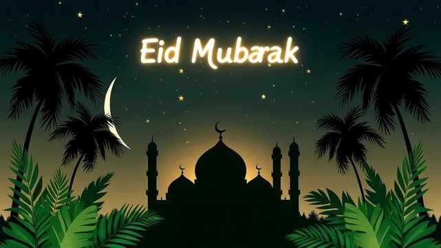 Illuminated Mosque and Palm Trees Under a Starry Night Sky in a Festive Digital Illustration