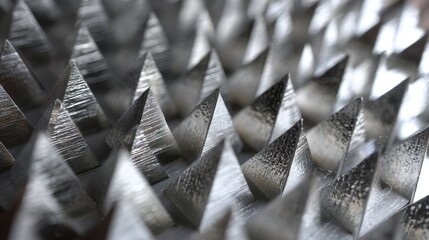 Fototapeta premium Close up of a sharp metal surface with many pointed spikes. Abstract background showing danger and security concept. Industrial machinery detail.