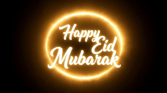 Bright Neon Eid Greeting Sign Illuminates Night Cityscape Centered with Vibrant Yellow Glow