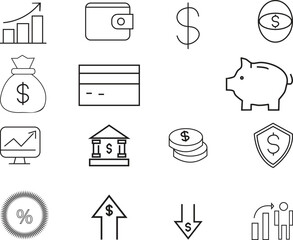Collection of financial and business icons with dollar signs and graphs finance money