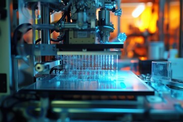 Fototapeta premium Advanced machinery operates in a high-tech laboratory at night