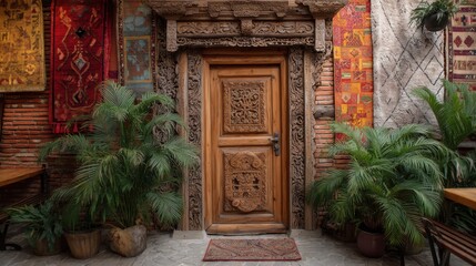 Fototapeta premium Old wooden door with intricate carvings and ethnic rugs hangs on brick wall. Traditional design element for architecture and decor.