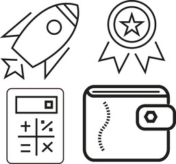 Rocket calculator medal and wallet icons on white background spaceship award