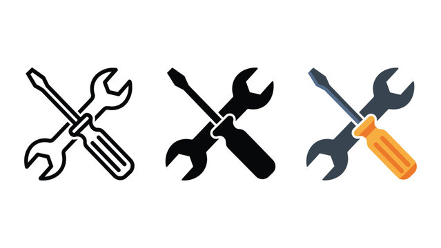 Crossed wrench and screwdriver icons in various styles