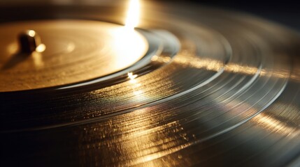 Close up of shiny vinyl record with grooves. Retro music and sound concept for vintage audio, music production.