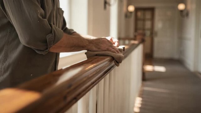 Closeup medium view of a craftsman polishing a wooden handrail on a hallway focusing on the detailed grain while the corridor fades softly out of focus.