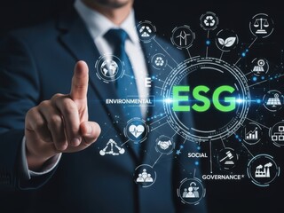 Obraz premium Businessperson Pointing to E S G Environmental Social Governance Concept with Digital executive suit