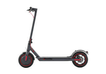 High-tech matte dark gray aluminum electric kick scooter with red accents and visible disc brake mechanism, orthogonal profile view, isolated on transparent background with copy space concept for