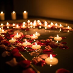 Romantic candlelight with rose petals