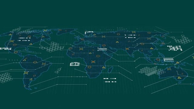 Animation of moving abstract pattern with x symbols over connected lines, hexagon patterns and map