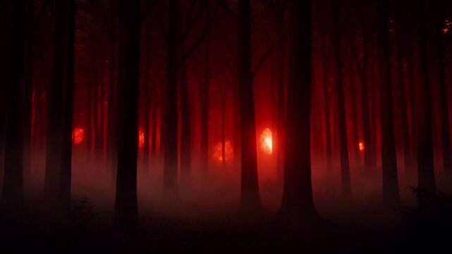 Animation dark haunted forest with mist and red moonlight background.