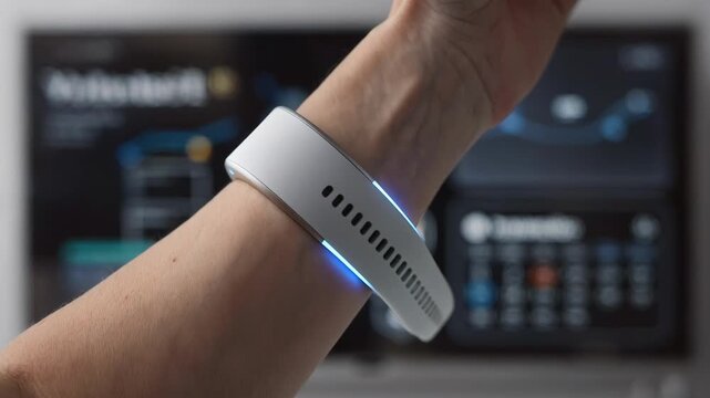 Medium shot of a wearable smart patch sensor on an arm the outoffocus background enhancing the flow of data used for customizing volunteer checkin schedules.