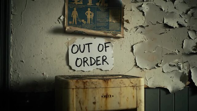 Broken appliance with out of order sign in abandoned building