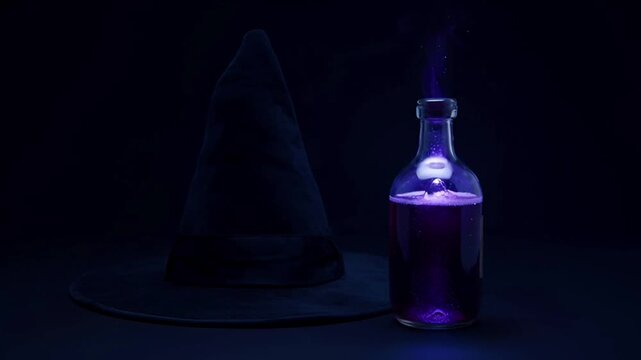 Animation witch hat and magic potion glowing on dark background.