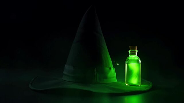 Animation witch hat and magic potion glowing on dark background.