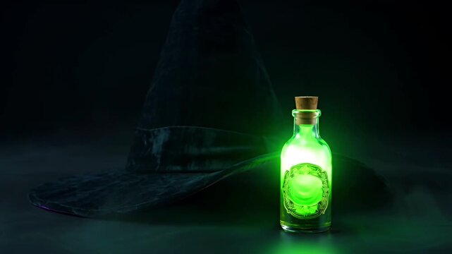 Animation witch hat and magic potion glowing on dark background.