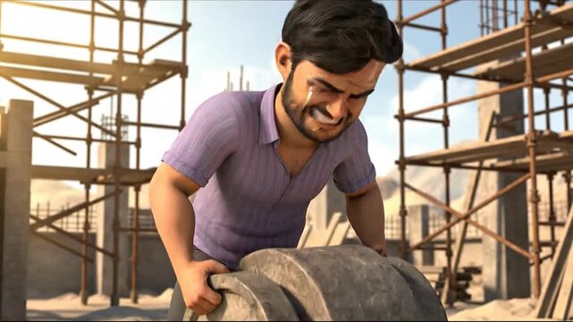 Worker's Struggle: A hardworking individual grapples with a heavy load at a construction site, portraying the challenges of labor and dedication.