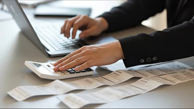 Financial Precision: Focused view of hands diligently working on a calculator and laptop, with detailed financial documents in focus, showing meticulous approach to financial operations
