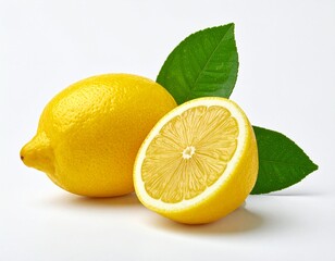 lemon and whole lemon with leaf on a white background
