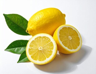 lemon and whole lemon with leaf on a white background