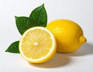 lemon and whole lemon with leaf on a white background