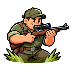 Fototapeta premium A burly hunter with a rifle. Dressed in hunting clothes. Cartoon mascot, illustration, clean lines, flat design, modern, high quality