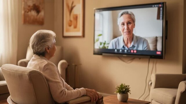 Medium shot of an elderly resident engaging in a telepresence call on a large screen with a subtle blurred background in a cozy visitation room.