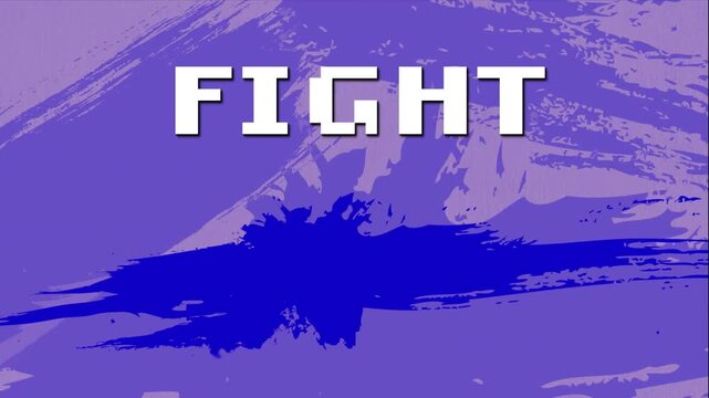 Animation of fight text over color splashes against purple background