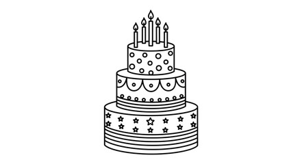 Three Tier Birthday Cake with Candles Outline Drawing.