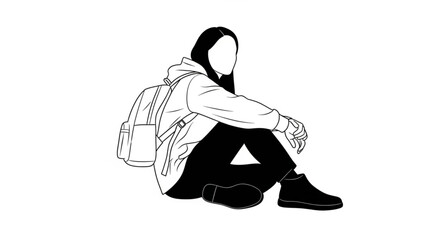 Young Person Sitting With Backpack Line Art.