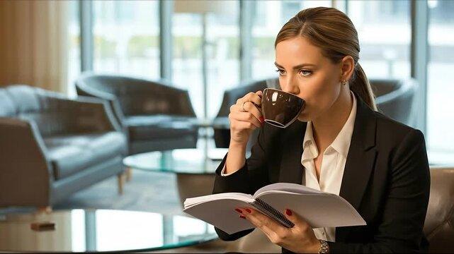 Coffee Break for Thought: A sophisticated businesswoman, clad in a sleek black suit, pauses for a moment of reflection over a cup of coffee while reviewing a journal in a modern office.